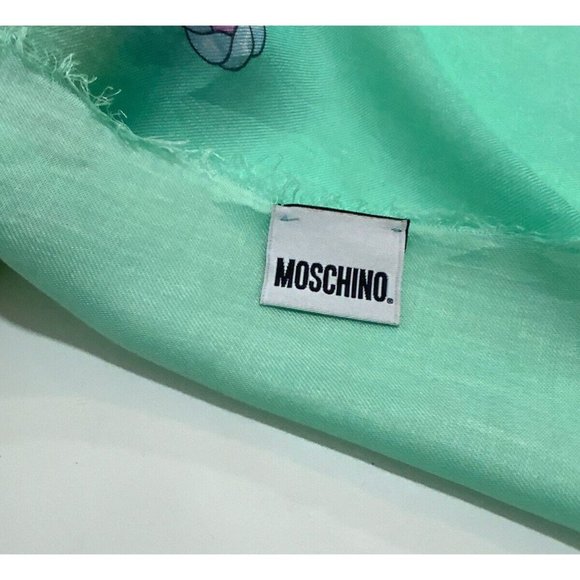 MOSCHINO Green Bear silk Scarf ITALY 52”/ 50" EC - Picture 5 of 6